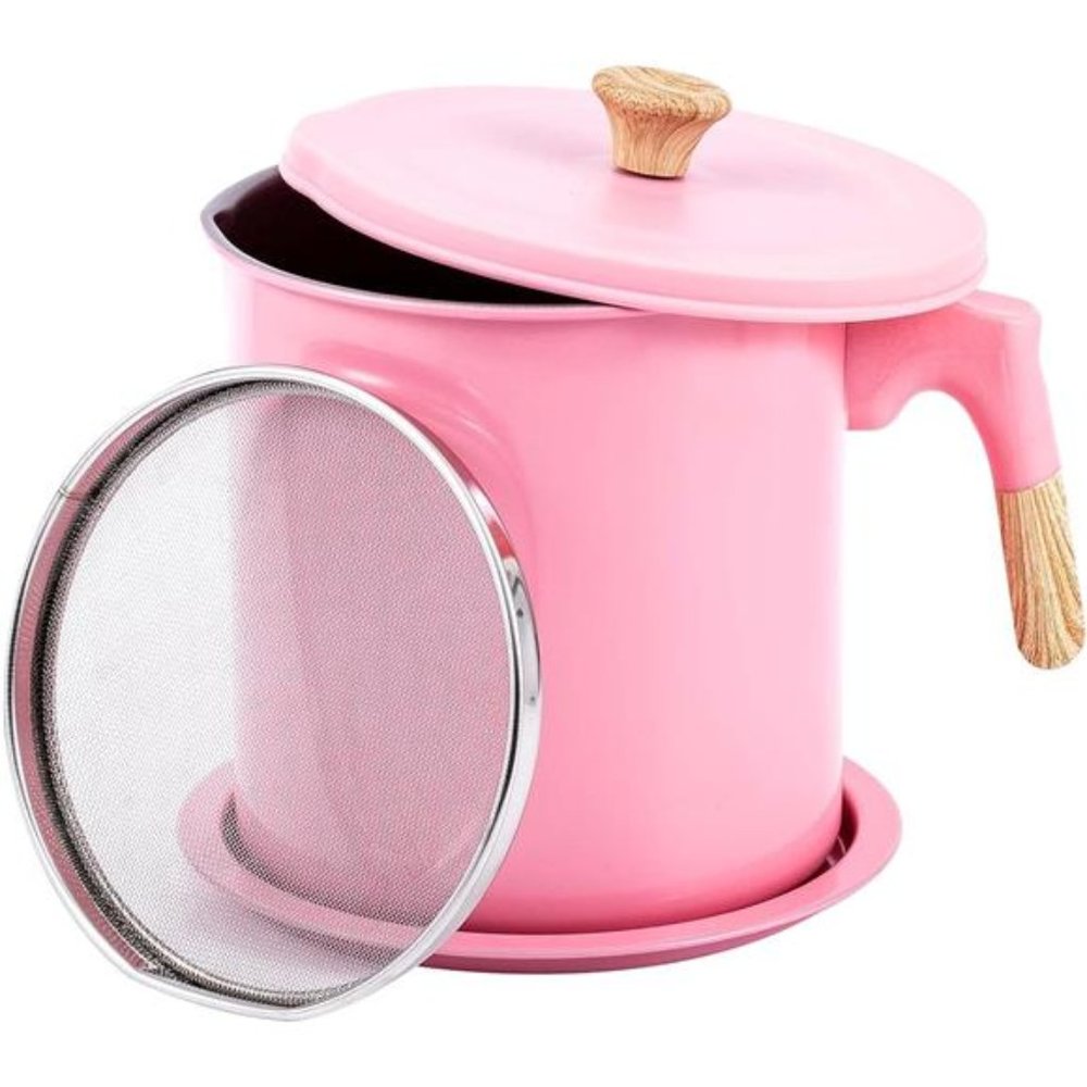 Pink Oil Storage & Bacon Grease Container with Strainer for Kitchen(48oz / 1.4L)